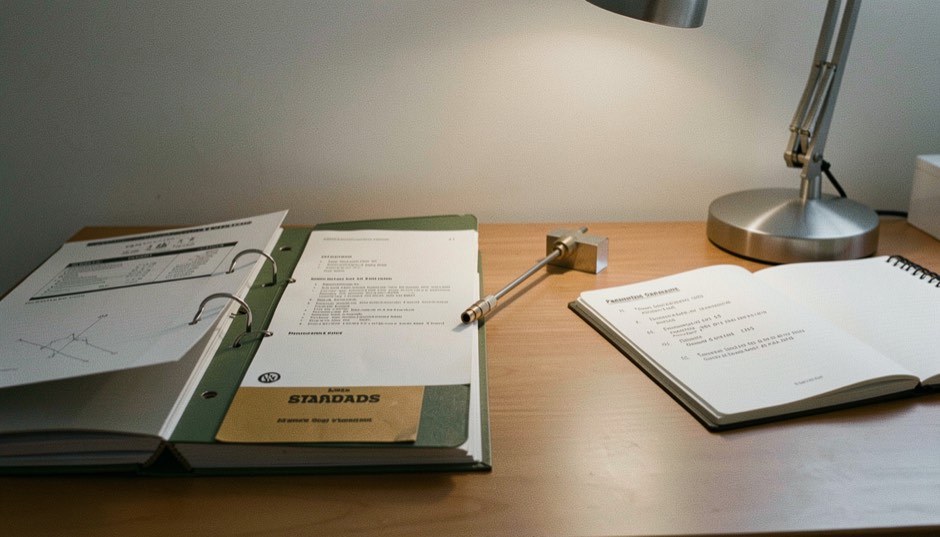 A quiet desk with an open standards binder, a coaxial through line used as a paperweight and a notebook of parameter definitions under a lamp