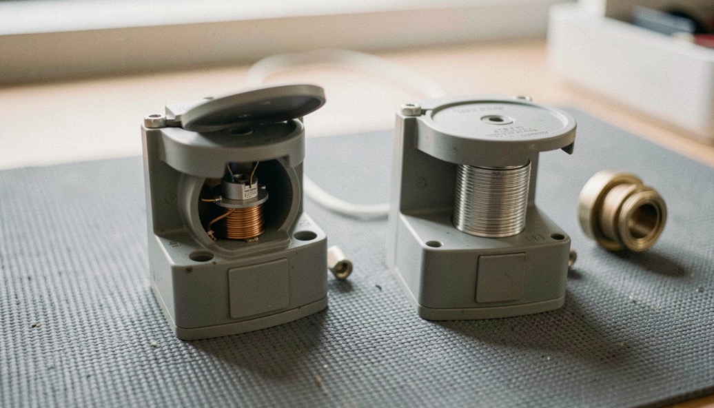 Two coaxial switch bodies side by side on a grey mat, one with an internal termination visible through an open lid, a fifty ohm load beside them