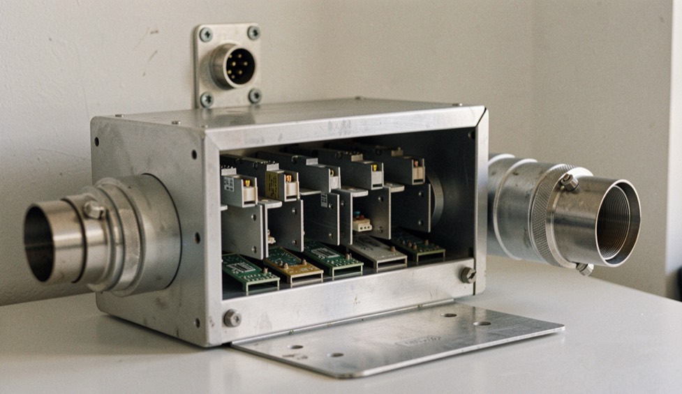 An opened aluminum microwave housing showing several microstrip carriers, a multipin control connector on the wall and coaxial launchers at both ends