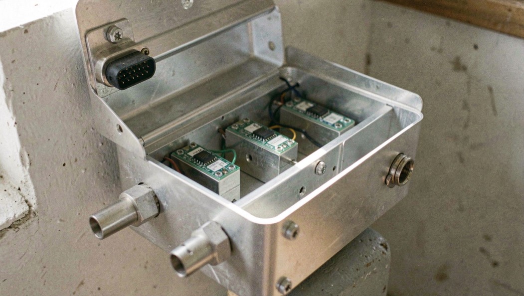 An opened aluminum assembly housing with three internal microstrip carriers, a multipin control connector on the wall and two coaxial launchers