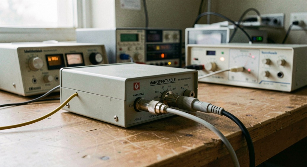 A variable attenuator module on a bench with an analog control lead running to a laboratory supply, a signal generator dimly visible behind it