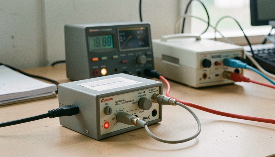 A voltage variable attenuator module with an analog control lead clipped to a bench supply, a digital multimeter behind it showing a control voltage