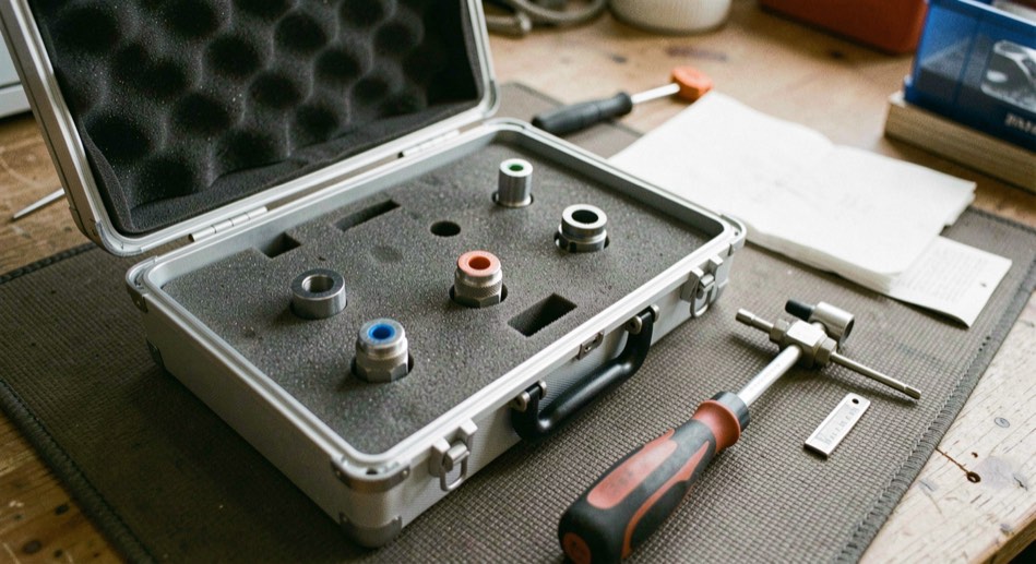 An open calibration kit with short, open and load standards seated in foam, a torque wrench and a pin depth gauge laid out beside it on a mat