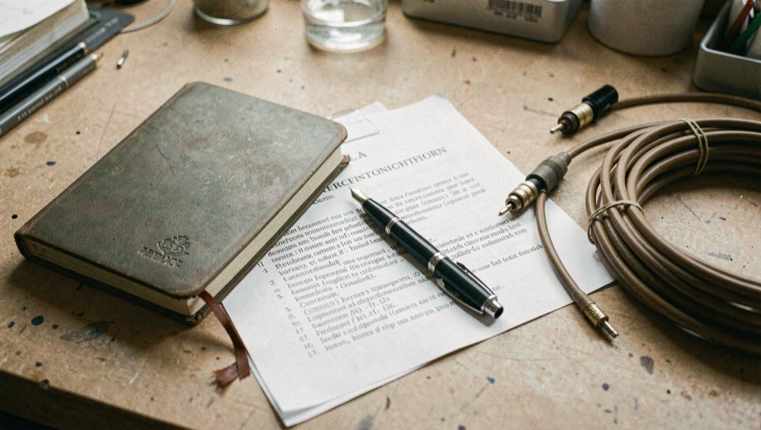 A closed notebook and a pen laid across a printed page of parameter definitions on an uncluttered workbench beside a coiled coaxial cable