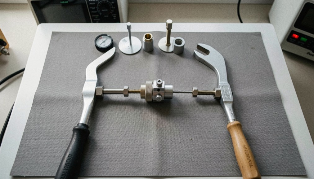 A microwave test bench seen from above with a coaxial component under test between two torque wrenches, calibration standards laid out on a grey mat