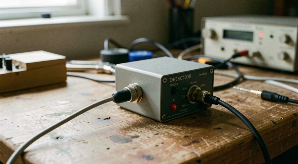 A detector log video amplifier module connected by a semi rigid jumper to a source, its video output on a short coaxial lead running off the bench
