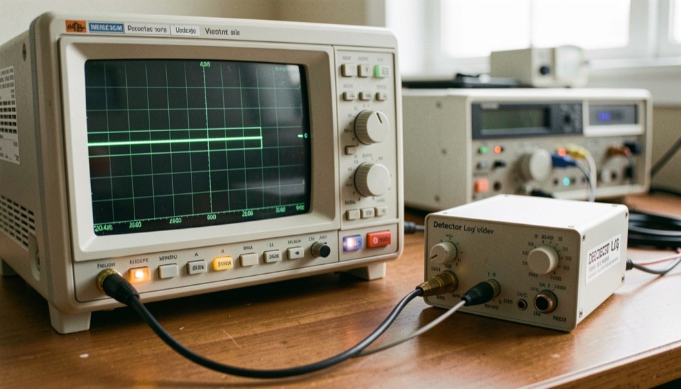 An oscilloscope displaying a rectangular video pulse next to a small detector log video amplifier module connected by a short semi rigid coaxial jumper