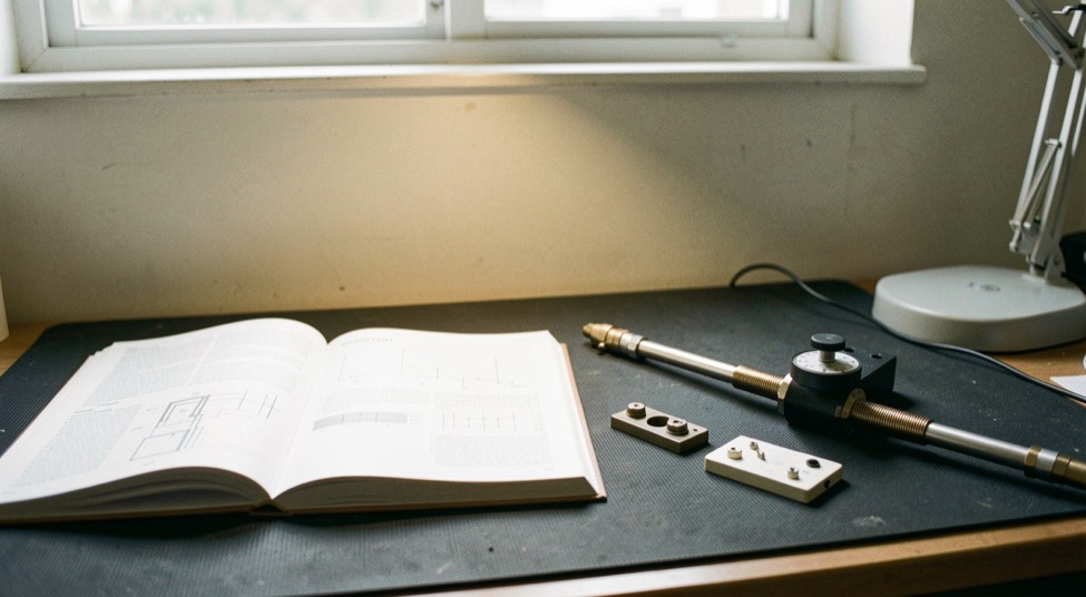 An open technical reference book beside a coaxial through line and two calibration standards arranged on a dark bench mat under a task lamp