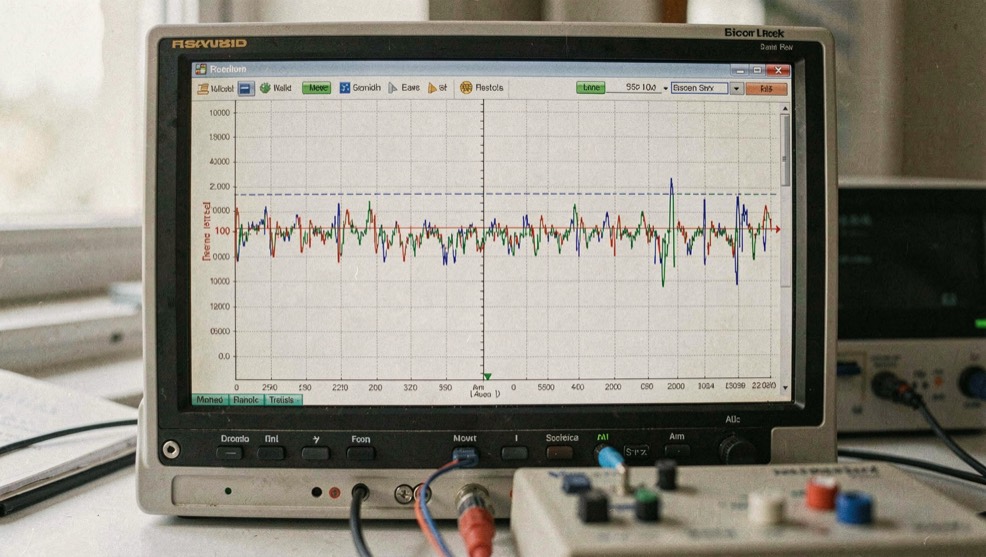 A network analyzer display showing a transmission trace across a wide span with markers placed at both band edges, a device under test in front