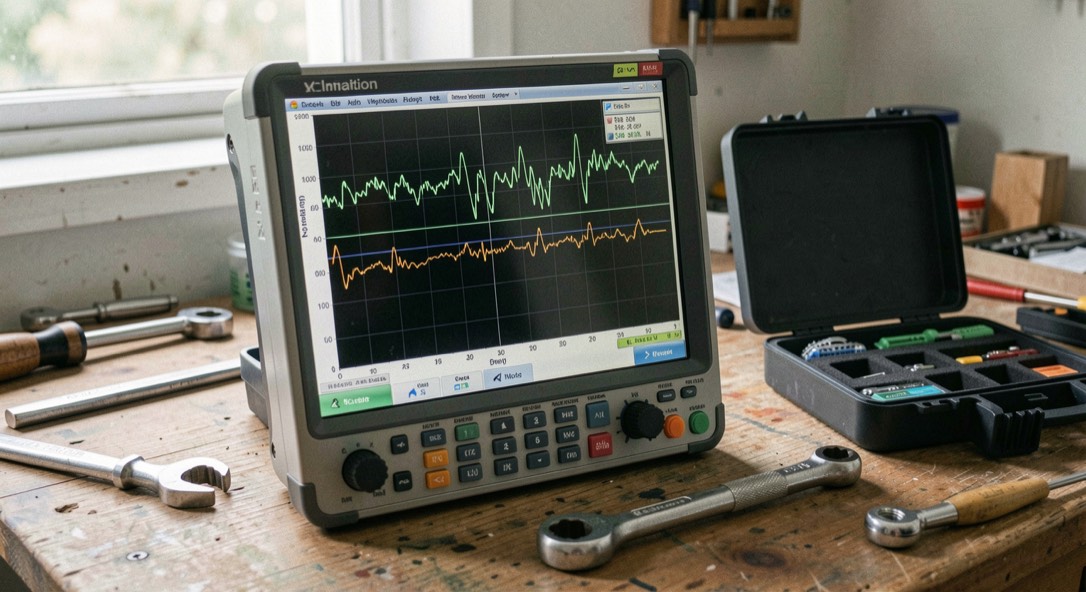 A vector network analyzer screen showing two traces against a logarithmic scale, with a calibration kit open on the bench and a torque wrench beside it