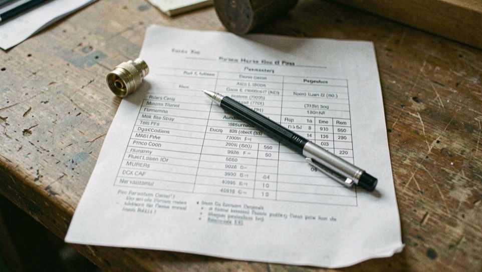 A printed specification sheet held flat on a bench by a coaxial adapter, a mechanical pencil resting across a column of parameter rows