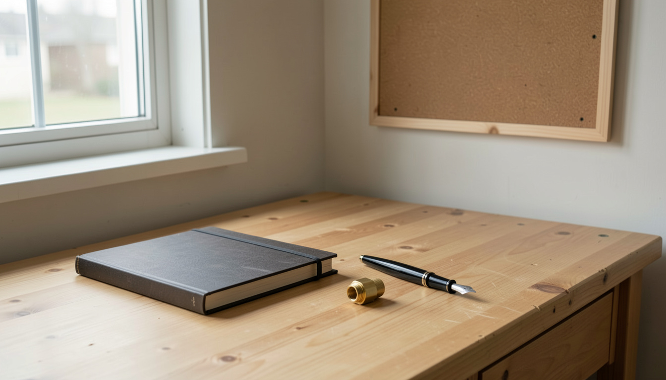 An empty light wood desk beside a window, a closed dark notebook, a small brass coaxial adapter used as a paperweight and a fountain pen laid beside it, an empty corkboard on the wall behind