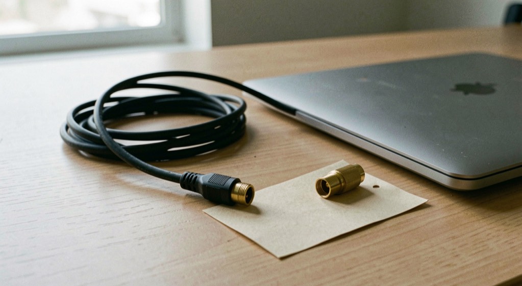 An unplugged network cable coiled on an empty desk beside a closed laptop, the only other object a small brass coaxial terminator on a paper card