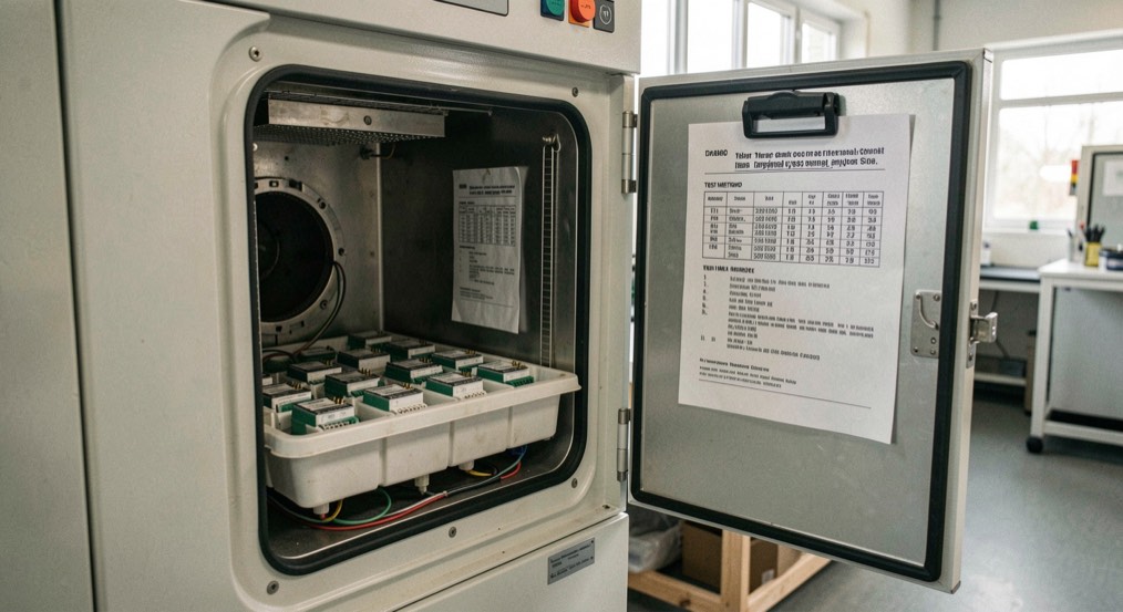 A thermal cycling chamber door standing open with a tray of housed modules inside, a printed test method sheet clipped to the frame beside it