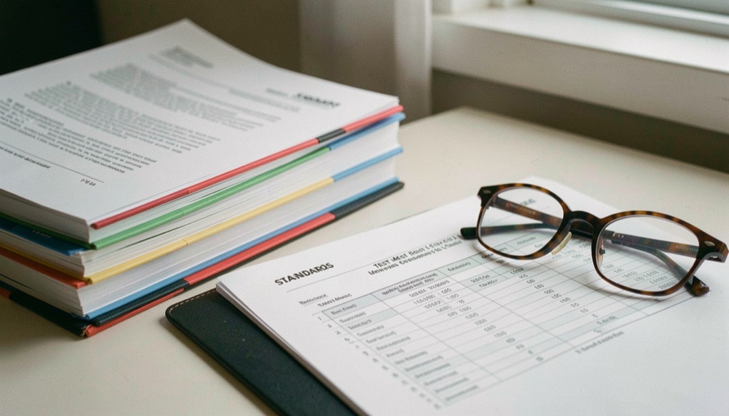 A stack of printed standards documents with colored tabs along their edges, an open page showing a test method table, beside a pair of reading glasses