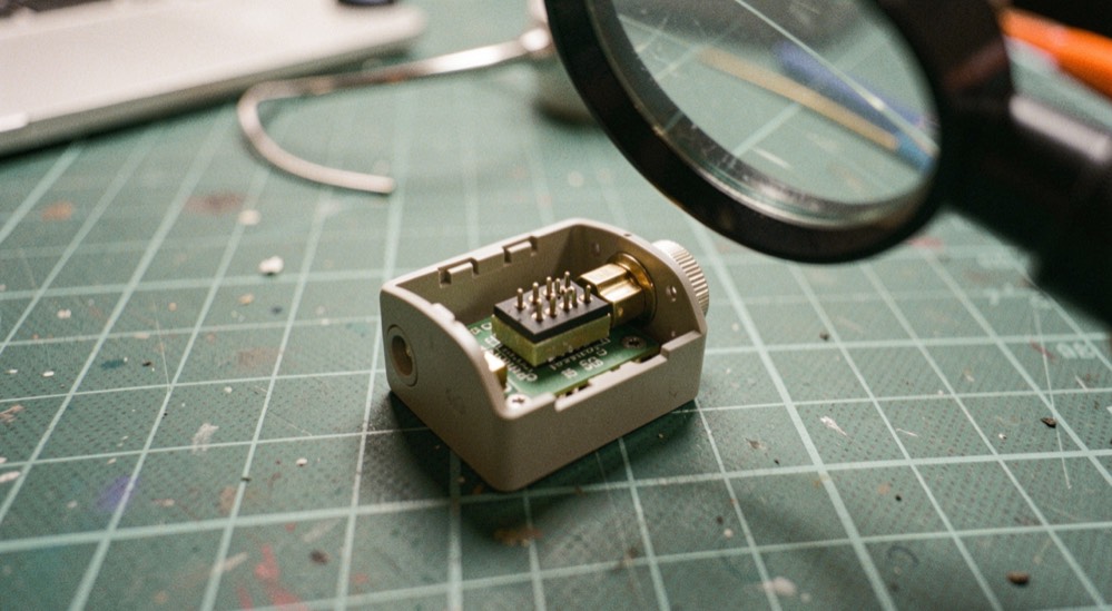 A small coaxial SPDT switch body opened on a bench mat, its internal microstrip carrier and control pins visible under a magnifier