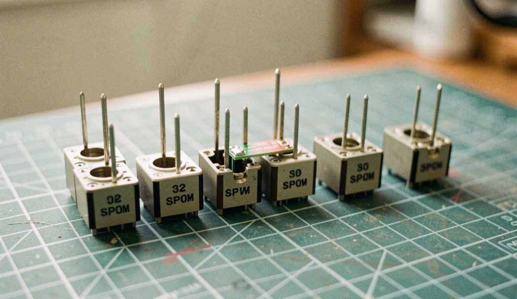 A row of small coaxial SPDT switch bodies on an anti static mat, control pins upward, one unit opened to show the internal microstrip carrier