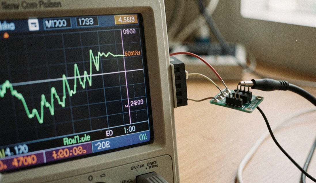 An oscilloscope trace of a rising control pulse beside a small driver board with a multipin connector, short wires running to a switch under test