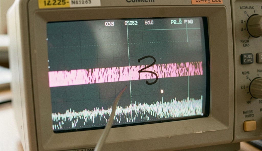 An oscilloscope screen showing a noise band with a pulse just emerging from it, the tangency point marked in grease pencil on the glass