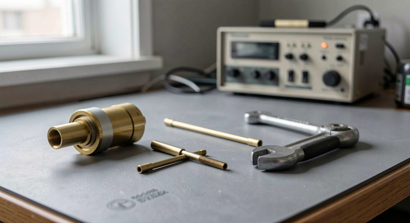 A brass coaxial mismatch standard, a semi rigid jumper and two small adapters laid on a grey bench mat, a torque wrench beside them and an instrument out of focus behind