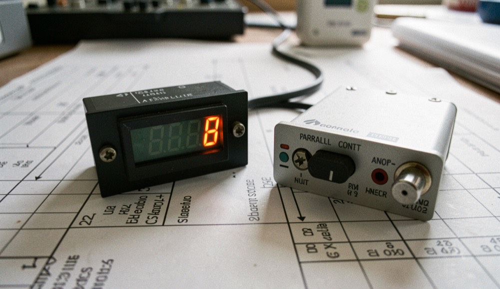 A digital step attenuator with a parallel control header beside an analog module with a single control pin, both laid on a printed control table